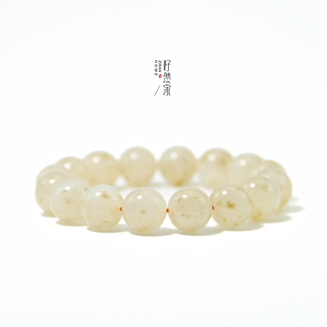 天然和田玉野牛沟蜂蜜水金桂花（金花）圆珠手串12mm（多样性发其一）