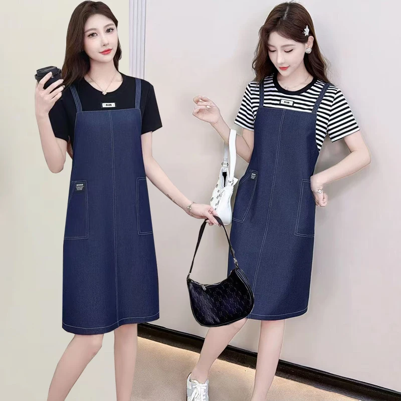 拼接背带连衣裙小个子妈妈洋气减龄夏季新款宽松显瘦假两件牛仔裙