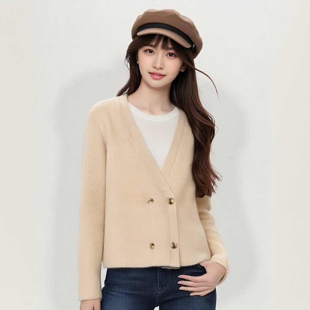 秋冬高品质轻奢纯色女士假两件羊绒衫外穿长袖山羊绒双排扣外搭