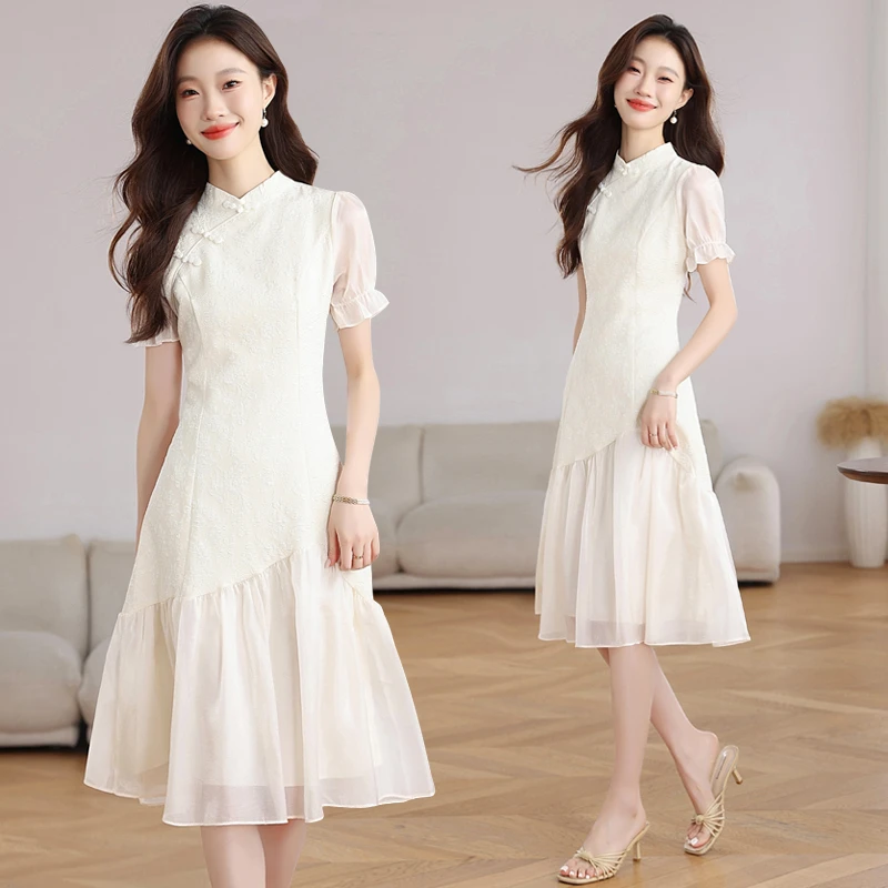 夏季女装新中式旗袍改良复古小香风连衣裙拼接设计感气质显瘦长裙