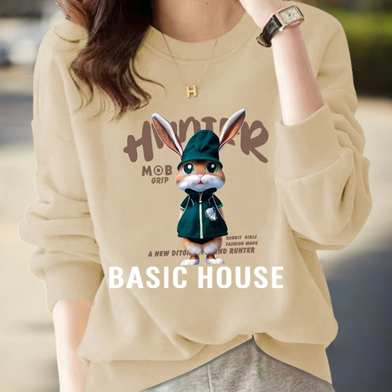 Basic House/百家好减龄卡通印花圆领卫衣女2025秋季新款休闲上衣