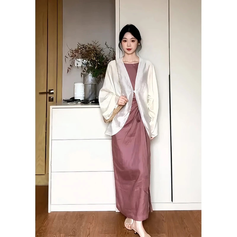 2025夏季新款女法式气质宽松百搭薄款开衫收腰显瘦绑带无袖连衣裙