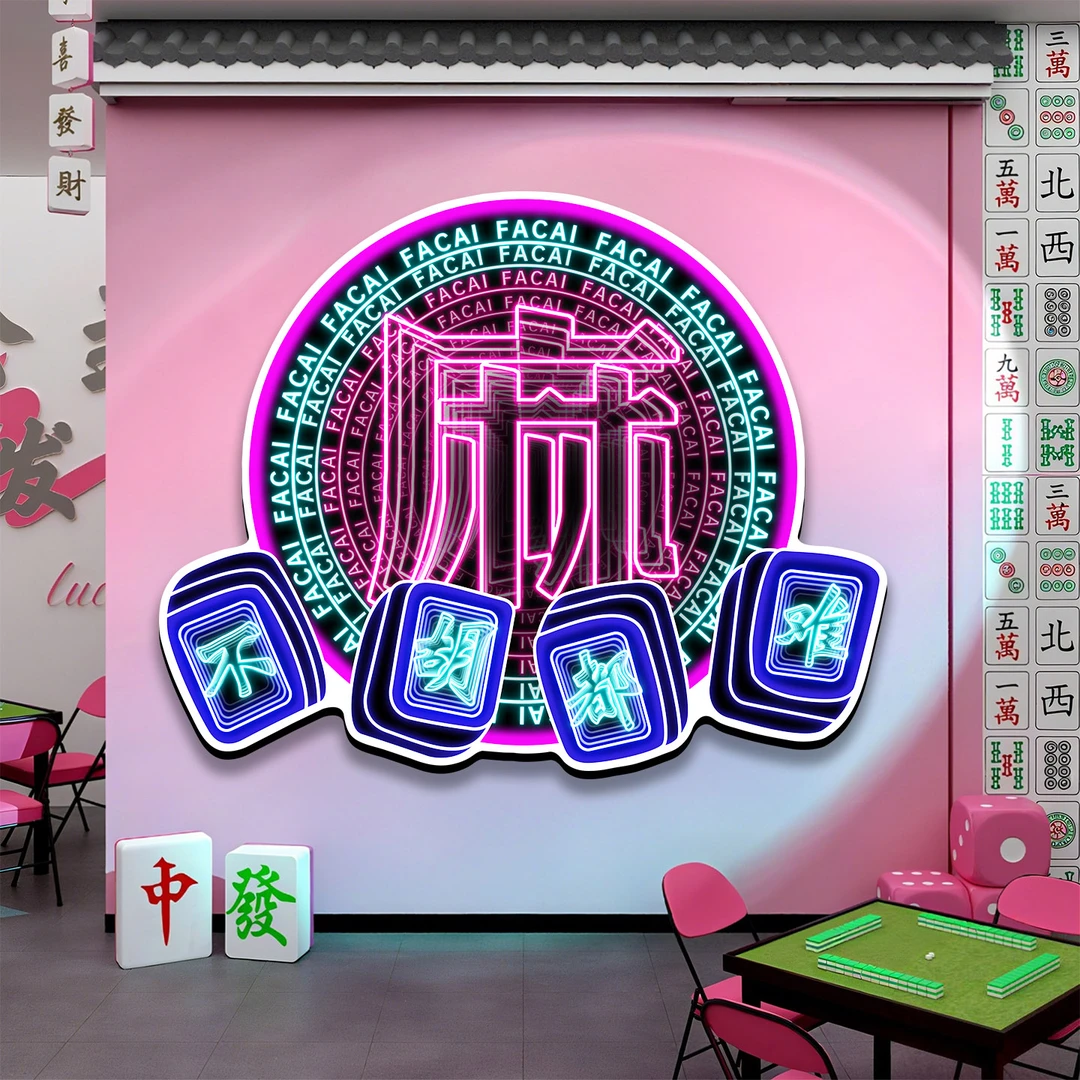 麻将馆仿深渊镜led发光挂画网红棋牌室网红墙发财暴富文字装饰画