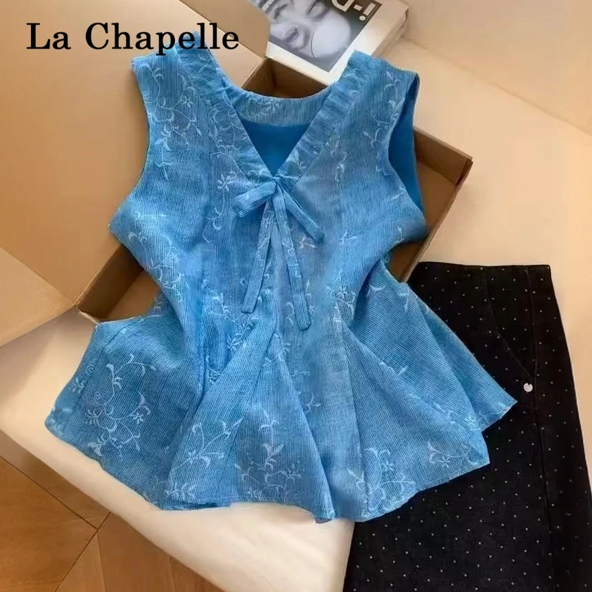 拉夏贝尔蓝色碎花露肩吊带背心小众设计感甜美减龄辣妹外穿上衣夏