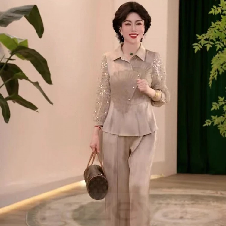 彩羊2025新款春夏妈妈装时尚长袖套装洋气质中年女装两件套