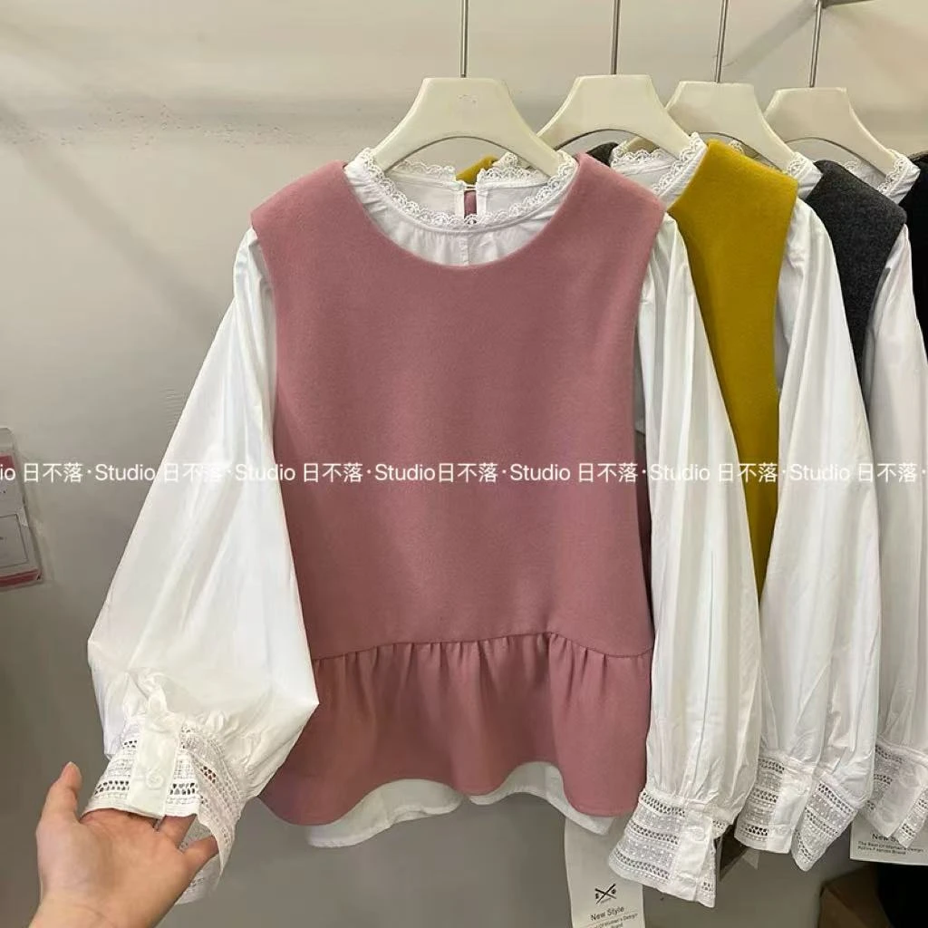 日不落家-春款韩系衬衫马甲两件套