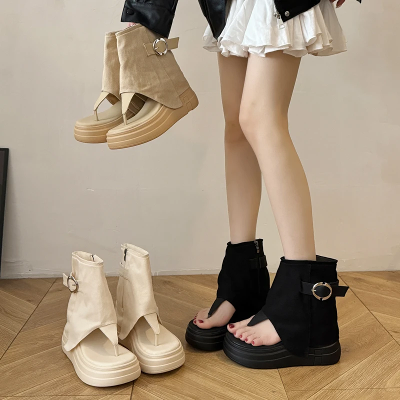 夹趾凉鞋女款2025夏季新款绒面小众设计感夹脚厚底凉靴复古女鞋