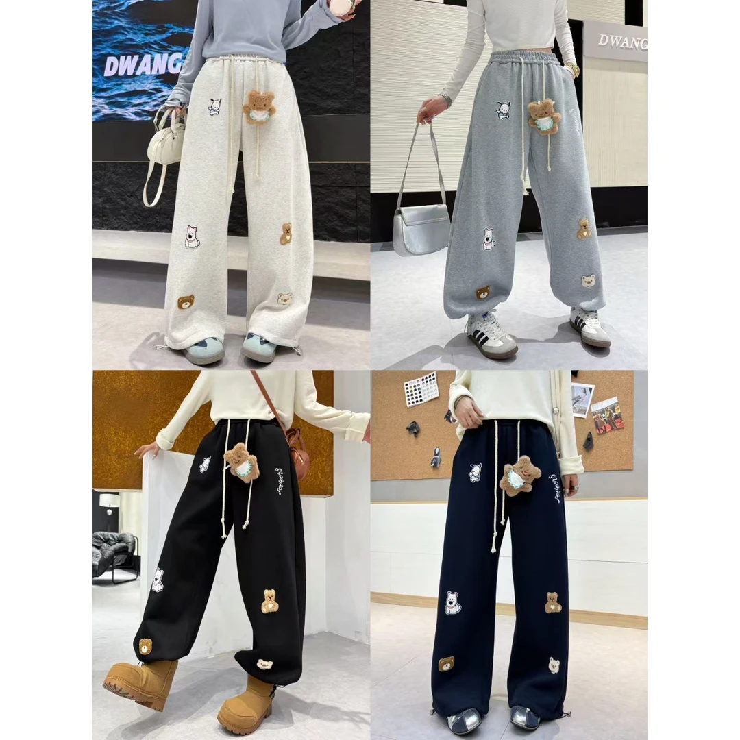有莱头家加绒小熊玩偶贴标阔腿裤 松紧高腰 可束脚