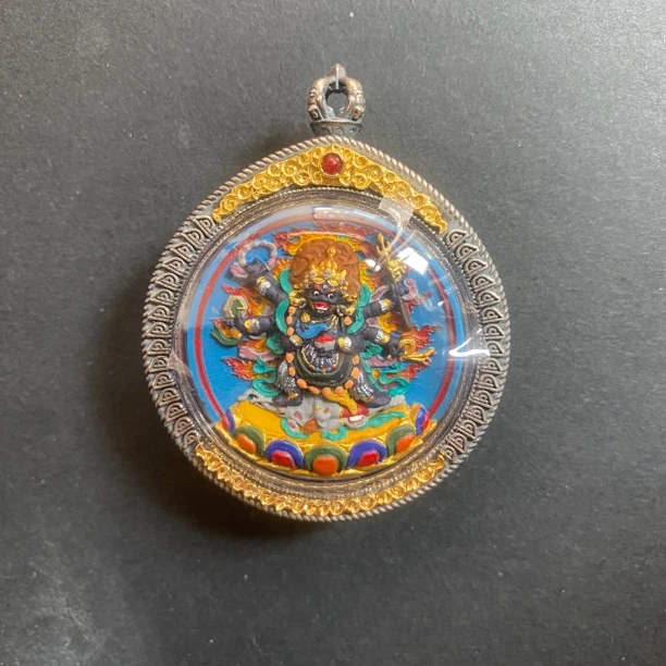 六臂大黑天千手双面纯银立体擦擦纯手工手绘唐卡随身吊坠挂件饰品
