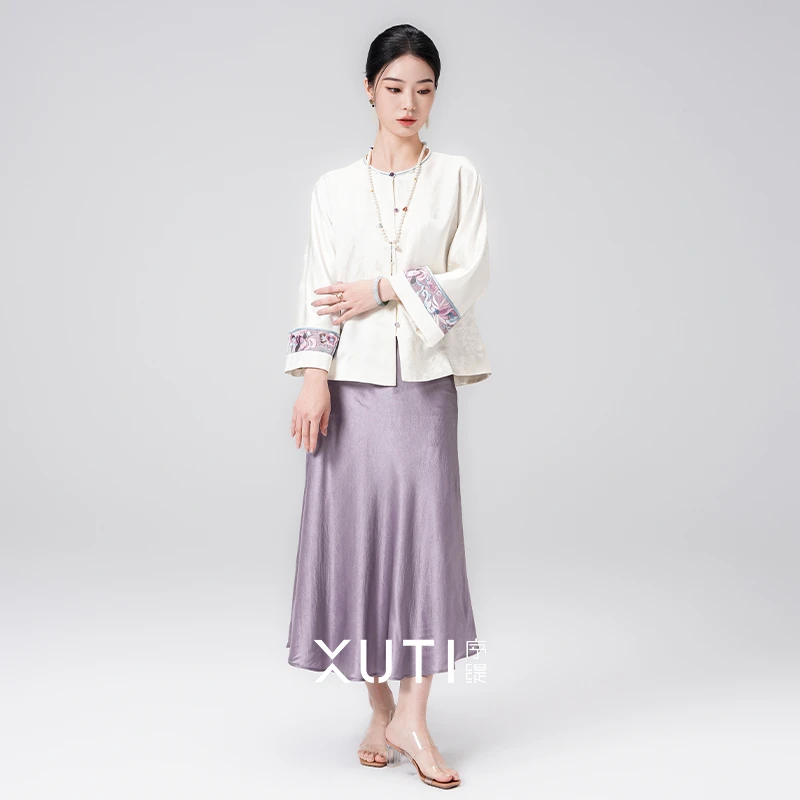 序缇春夏新款复古国风新中式女装桑蚕丝半身裙H21-6155