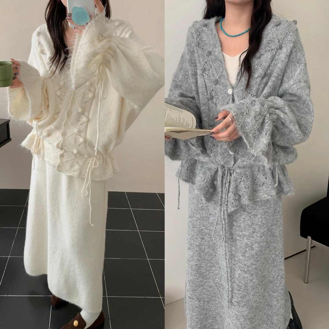 2025新款秋季时尚镂空V领宽松抽绳慵懒风针织衫开衫+套裙显瘦女装