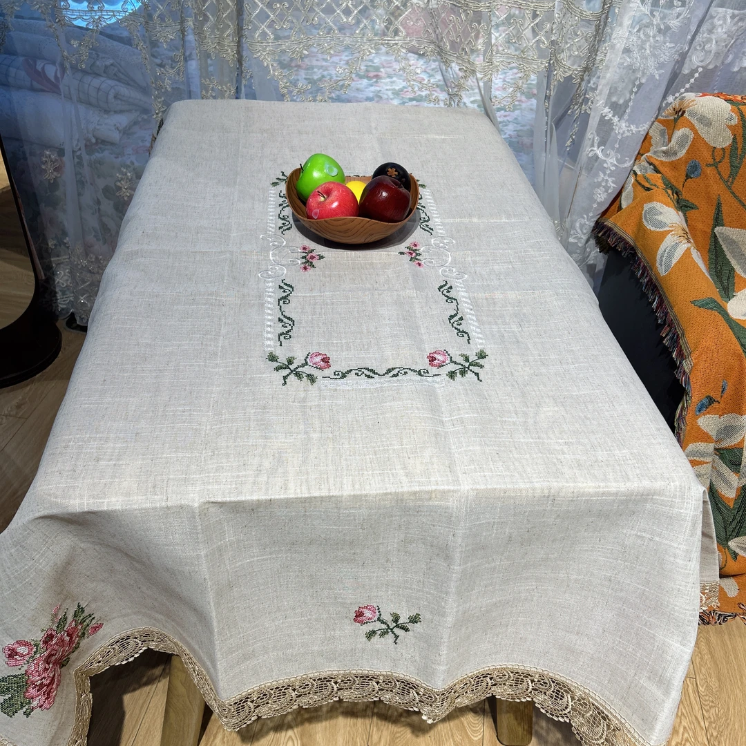 DY141-4竹节麻（130*180cm）米底粉牡丹十字绣防尘长方桌布