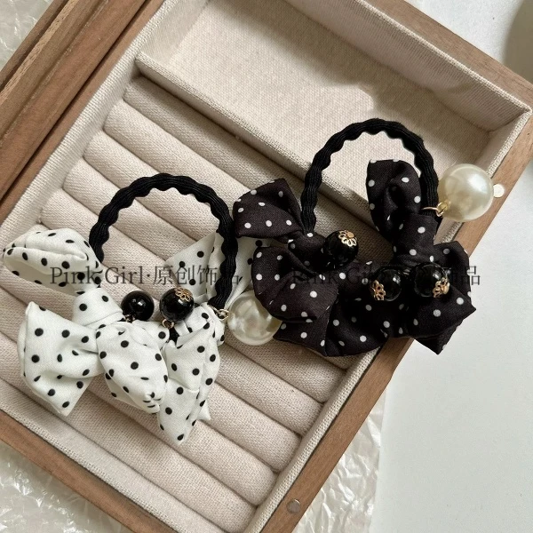 Pink Girl  Q673百搭时尚蝴蝶结发圈简约复古小波点发绳发饰