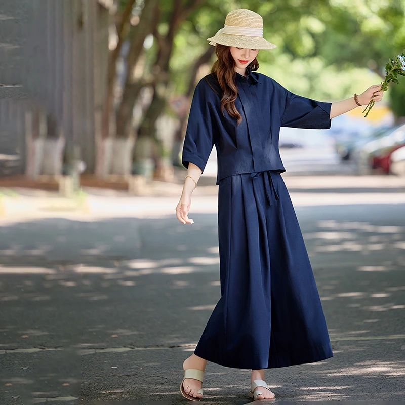 阔型中袖衬衫上衣阔腿裤裙裤气质两件套女收腰显瘦松弛感时尚套装