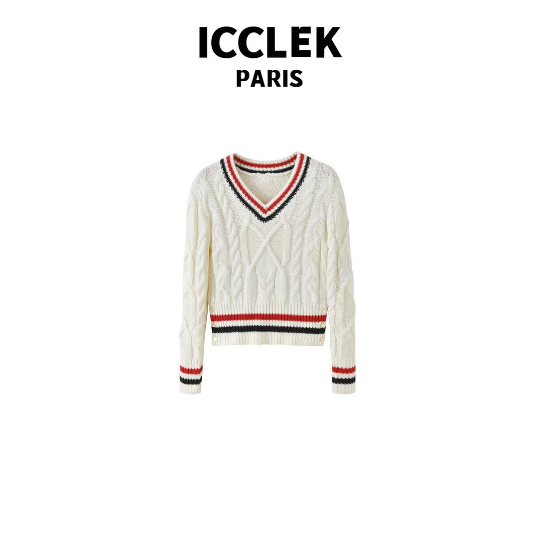 ICCLEK 白色V领针织衫 加厚 气质 名媛 -3557