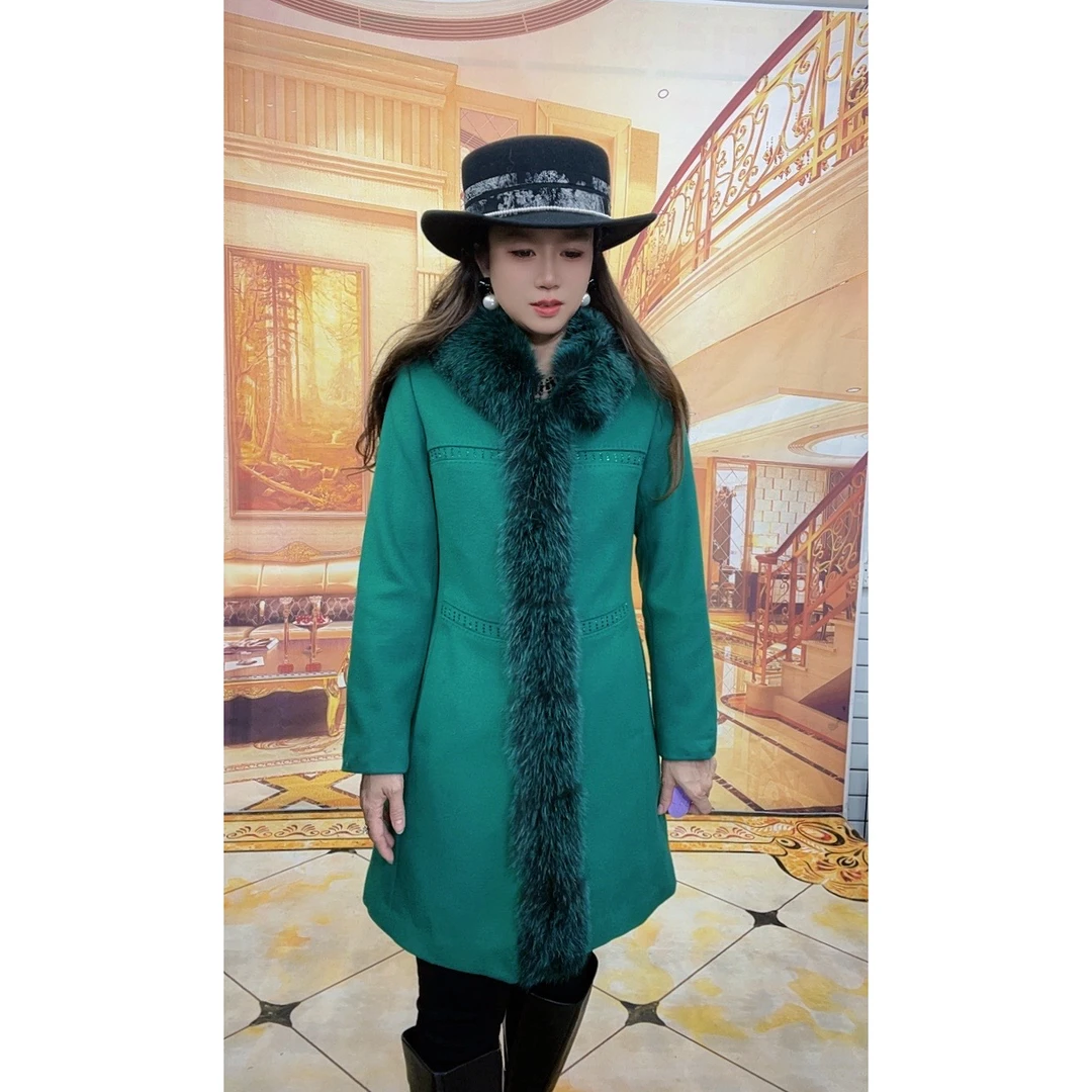 055新款女装绿色毛领显瘦中长款呢子大衣女长袖修身毛呢大衣外套