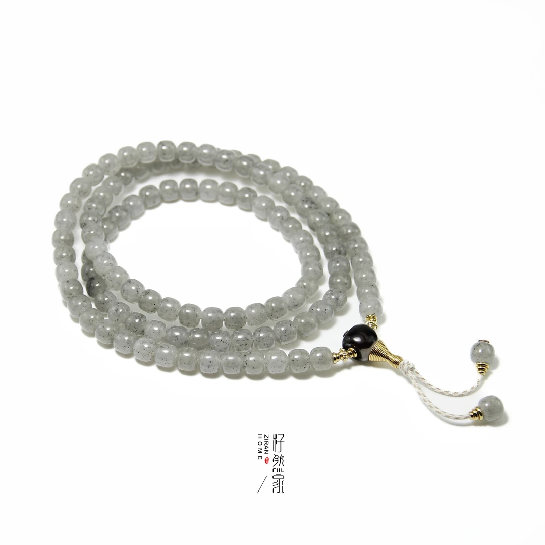 天然和田玉点墨青花老型珠108佛珠长链多圈卡8mm（浅色）