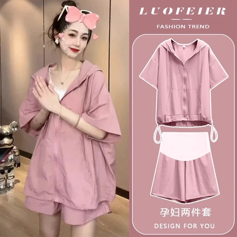 孕妇套装夏季外穿薄款时髦网红洋气休闲减龄连帽上衣两件套小个子