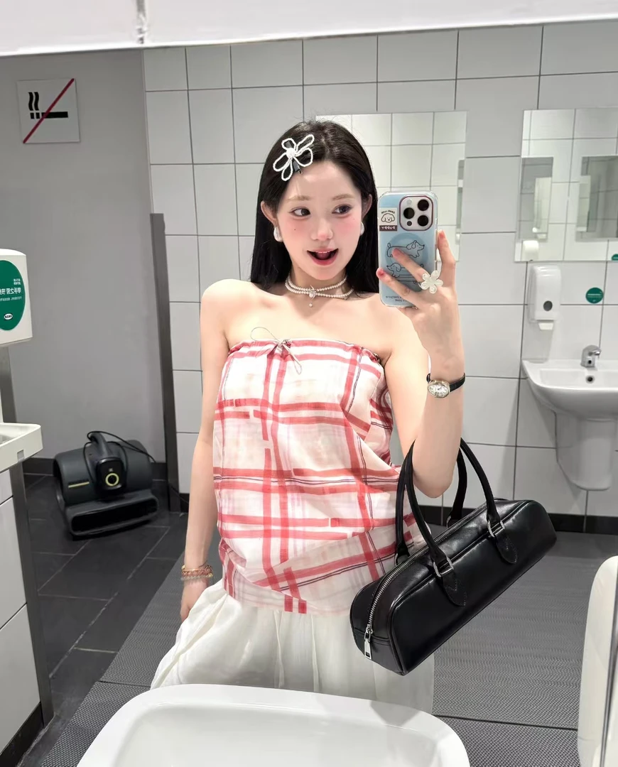 韩系复古甜美减龄印花格子抹胸女夏季新款休闲百搭显瘦显白上衣潮