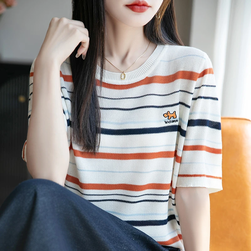 哥弟阿玛施正品夏季刺绣短袖条纹女圆领宽松显瘦短袖洋气拼色薄款