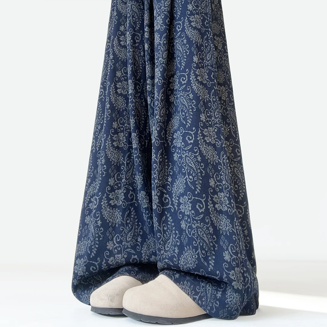 藏青色复古腰果花休闲裤女秋季新款松紧腰显瘦慵懒垂感直筒阔腿裤