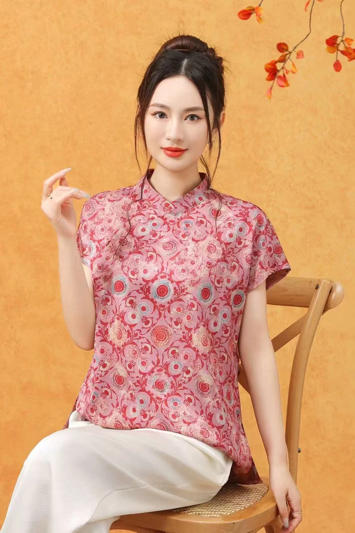 提花印花短袖夏季薄款立领衬衫中式小衫港风法式夏装知性风衣服