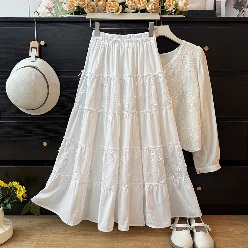 甜美蕾丝花朵百褶半身裙女春夏2025年木耳边高腰层层白色蛋糕裙