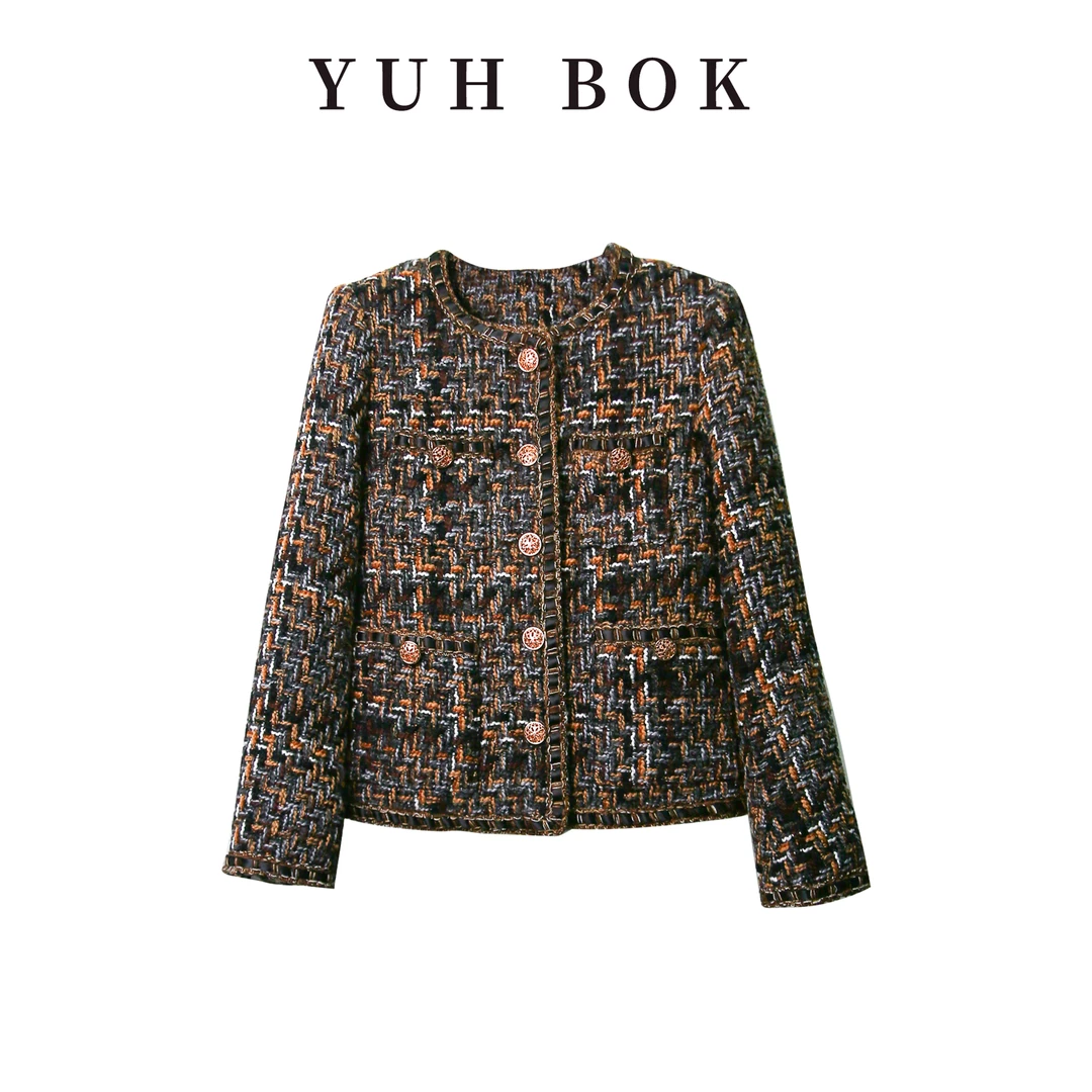 时尚重工高级感粗花呢编织气质复古圆领百搭长袖小香风外套