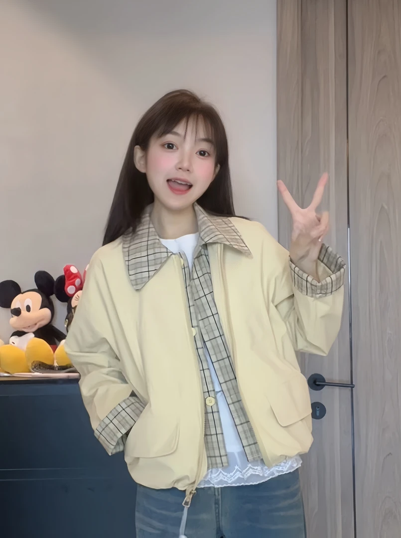 801-MM格子拼接短款工装外套春款2025新款休闲美式夹克时尚百搭