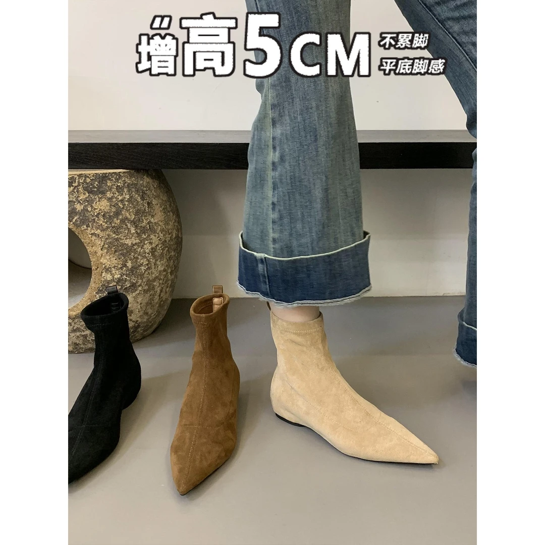 内增高时装靴2024年秋冬新款简约尖头及踝靴小个子短靴女瘦瘦靴子