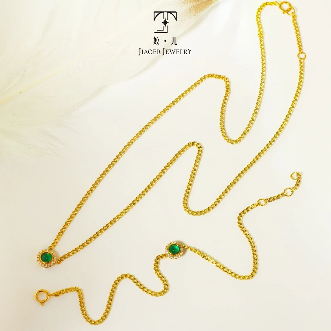 【姣儿珠宝】18K金素面swat祖母绿套系古巴钻石项链/手链