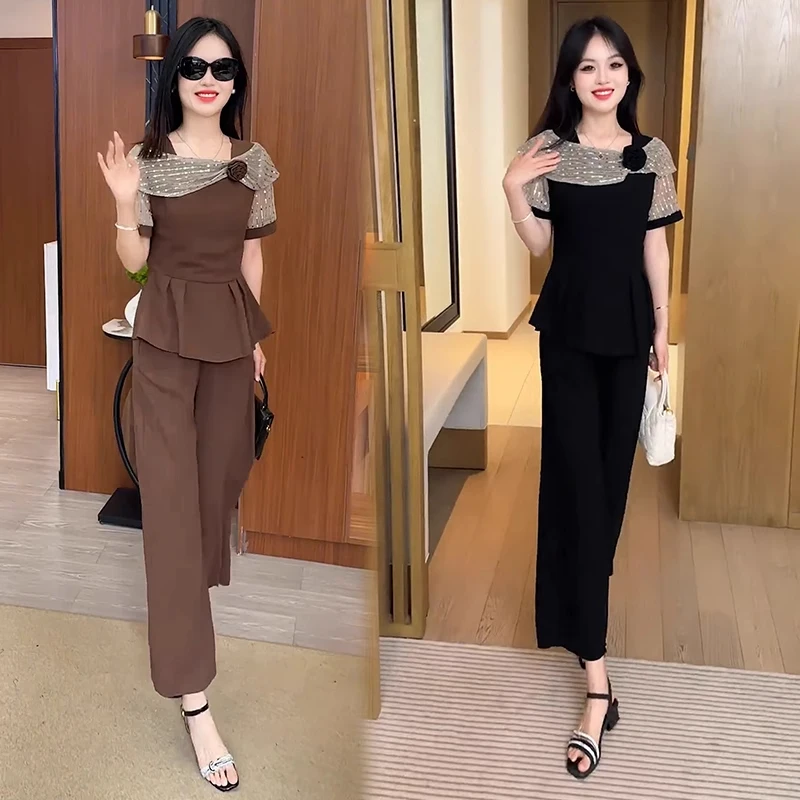 2025夏季新款蕾丝显瘦短袖气质女洋气时尚减龄拼接纯欲慵懒风女装