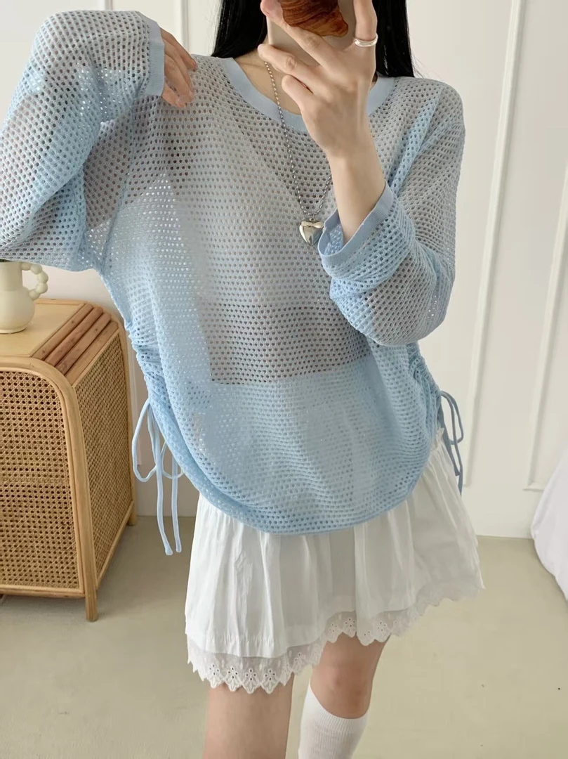 夏季新款韩版时尚针织衫ins女装外搭镂空透气休闲宽松圆领长袖