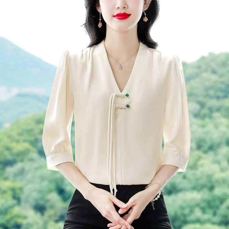 雪纺衫韩版百搭休闲标准七分袖V领套头夏季H型时尚设计感小衫