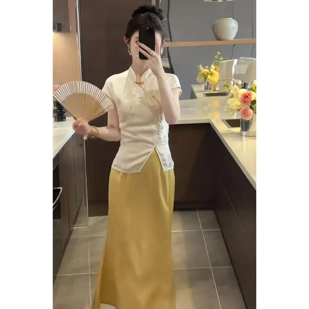 今年流行穿搭一整套2025新款新中式国风盘扣设计感短袖旗袍半身裙