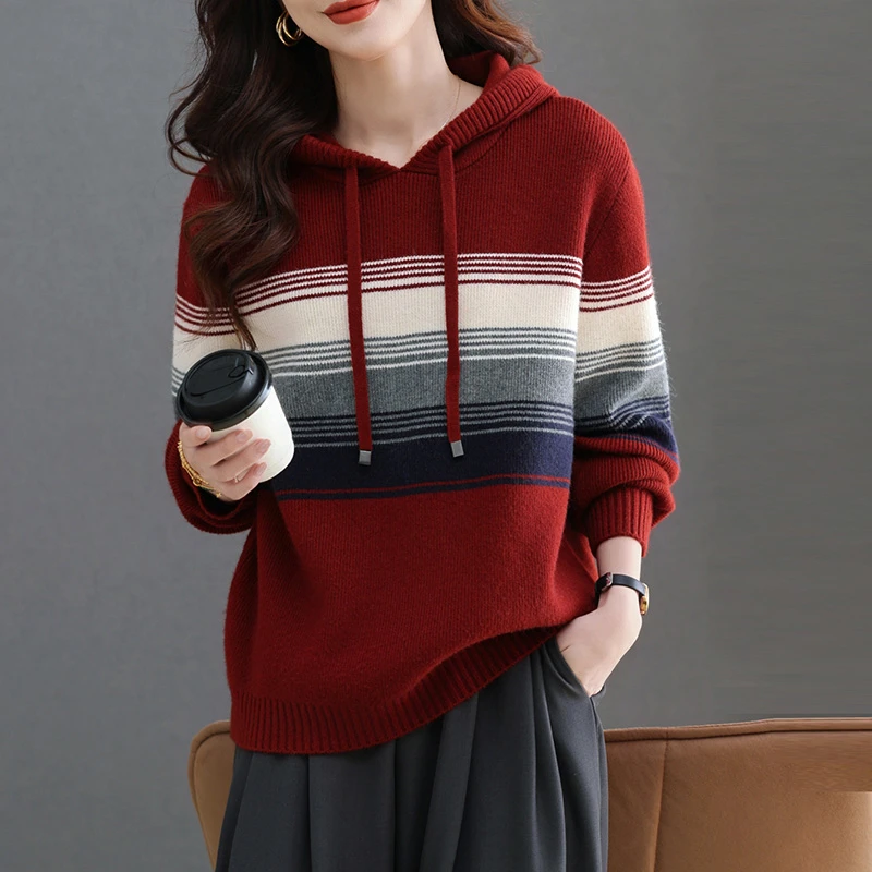 本命年时尚女装红色卫衣女2025新款爆款洋气妈妈条纹连帽毛衣宽松