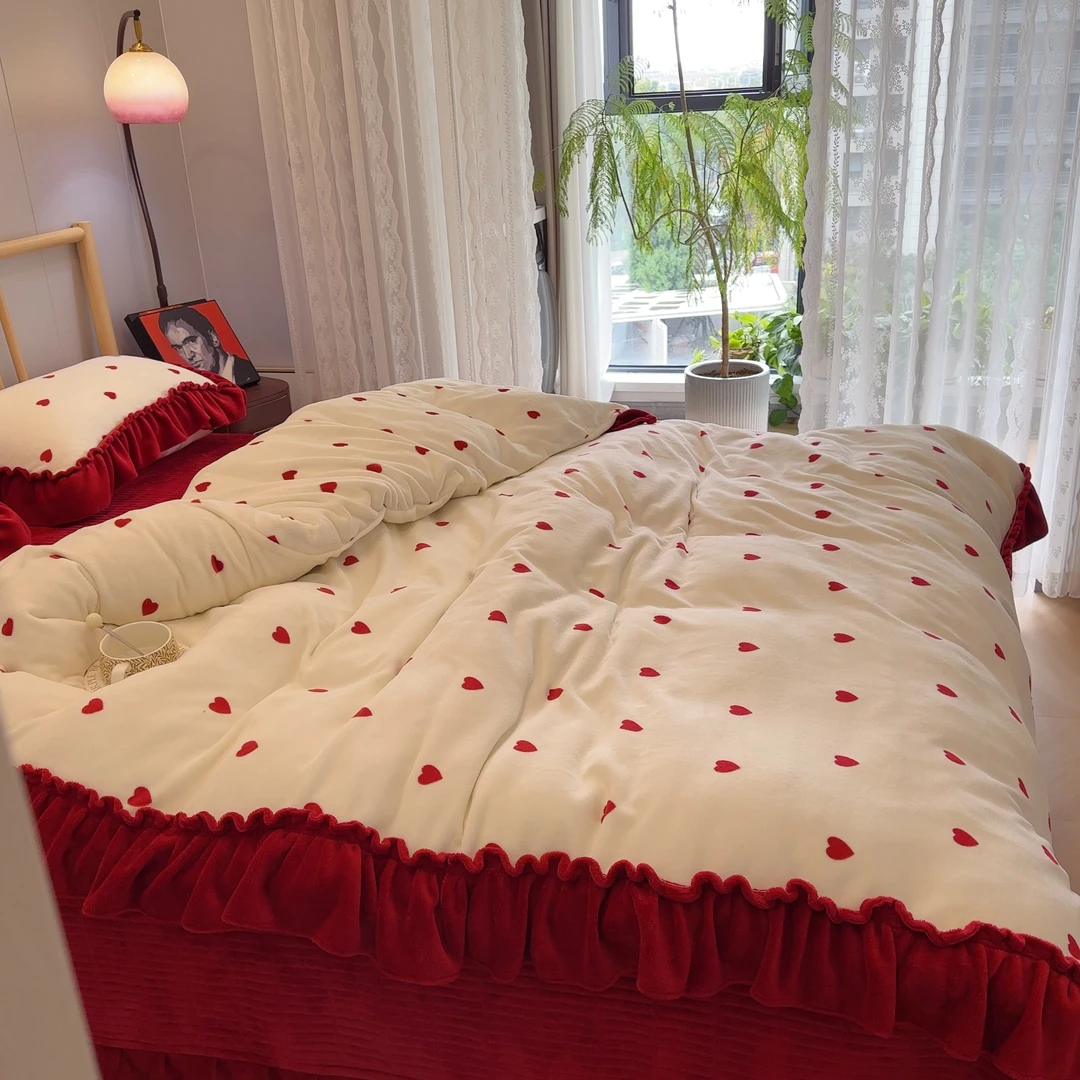 法式复古风小碎花牛奶绒床盖夹棉花边四件套冬季加厚加绒被套床单