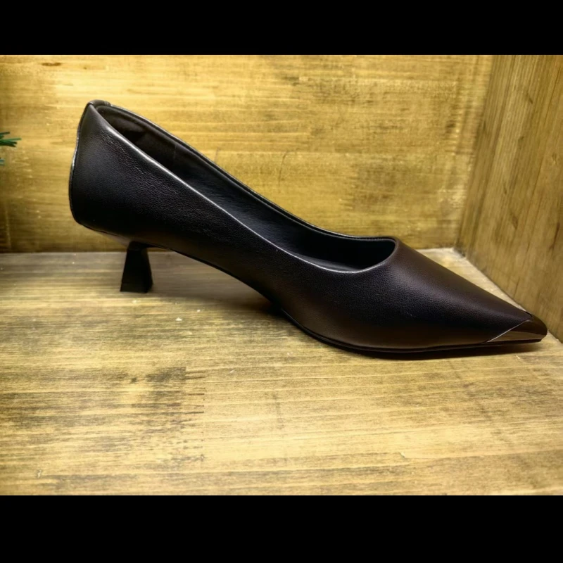 头层羊皮内外全真皮高跟鞋一字带职业工作鞋女黑色细跟低跟金属头