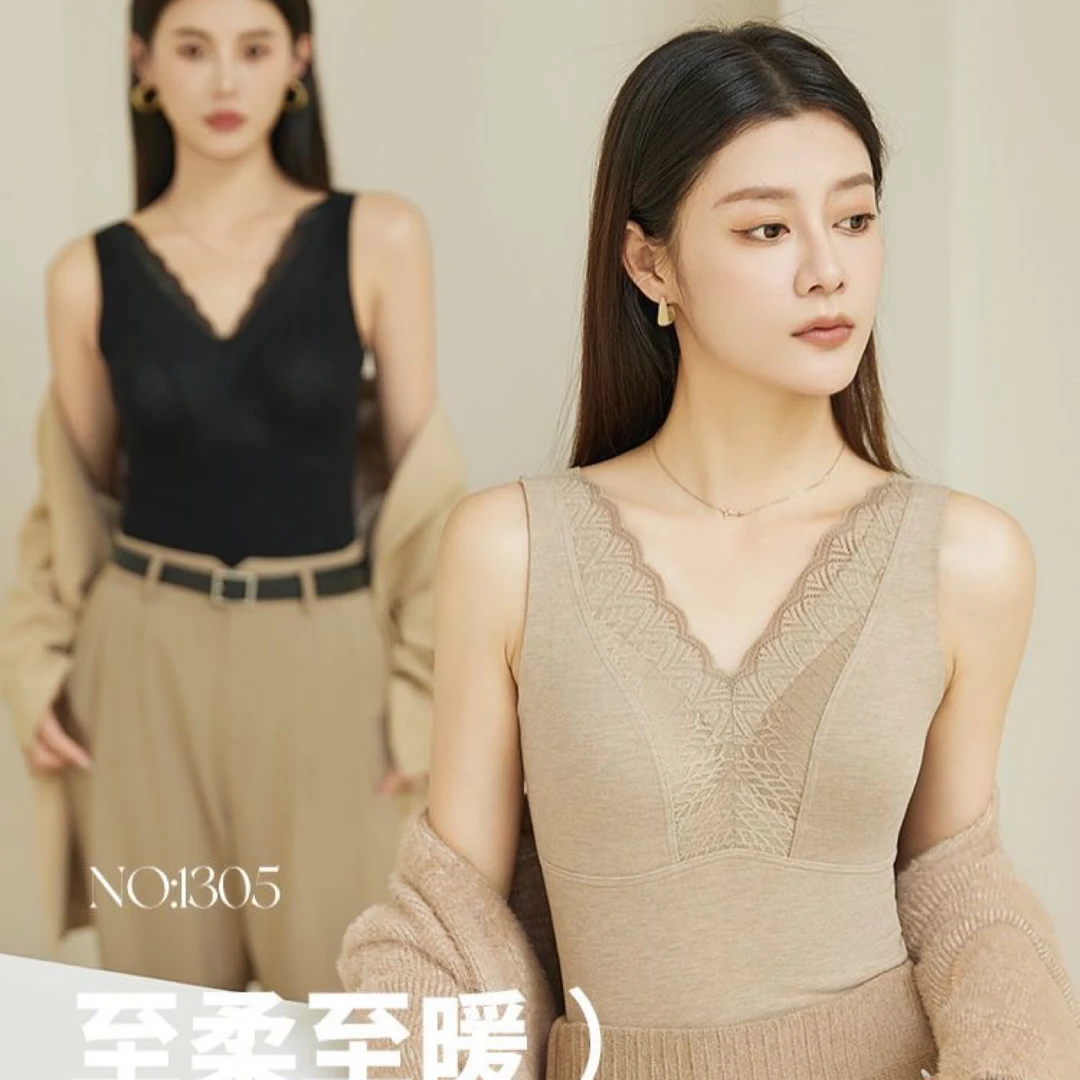 1305秋冬保暖背心女带胸垫加绒桑蚕丝羊绒V领蕾丝内搭打底显瘦