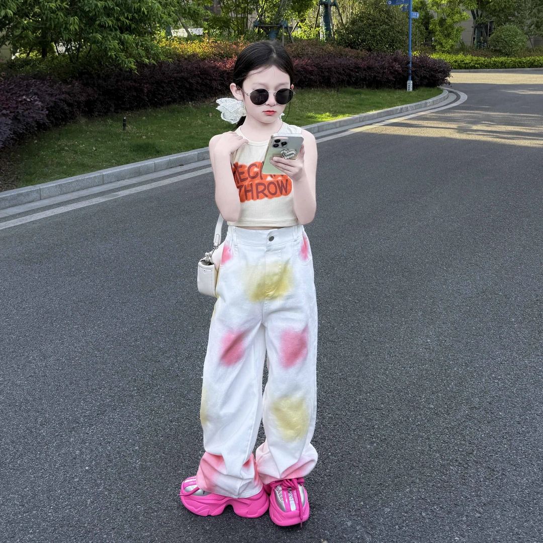女童夏季个性喷色直筒裤2025新款潮酷儿童阔腿裤无袖背心两件套潮