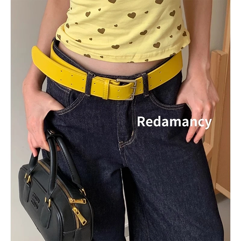 夏季多巴胺亮黄色腰带PU皮革皮带休闲百搭日常牛仔裤带配饰带女