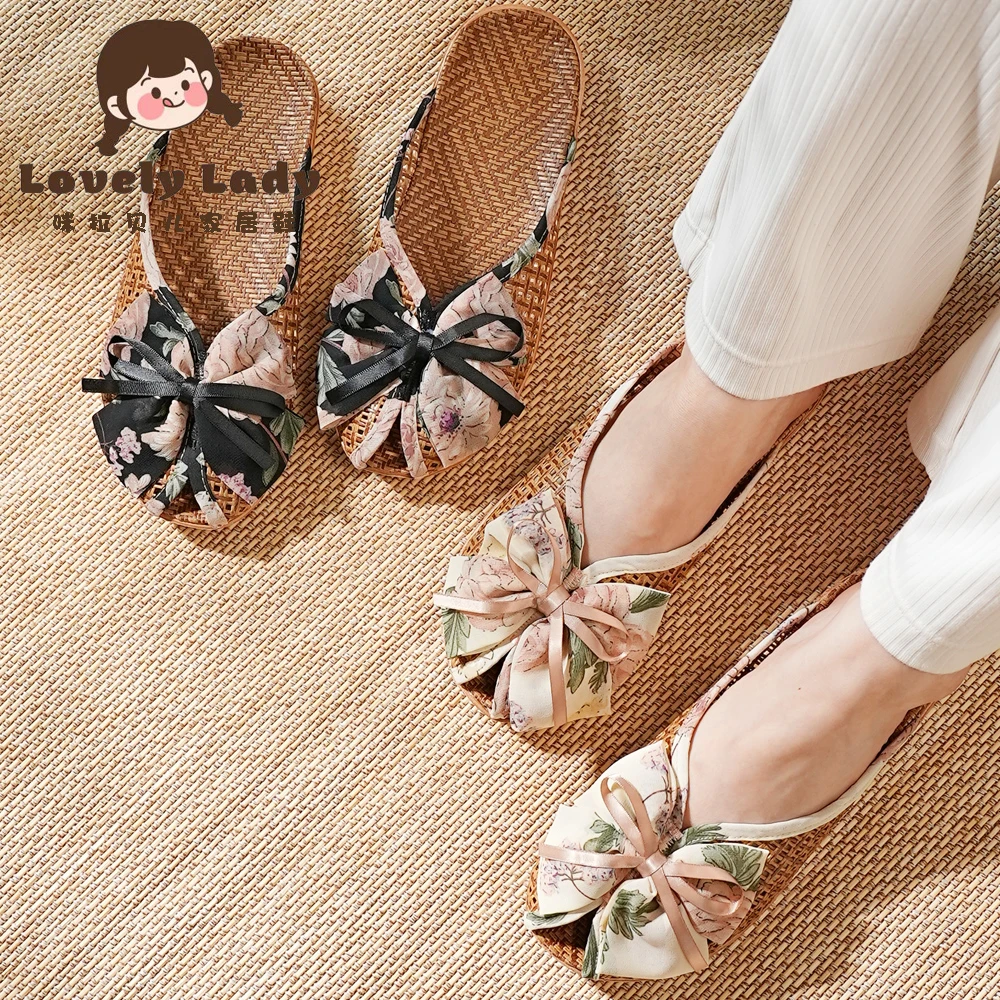 新款夏季凉席藤草亚麻女包头蝴蝶结韩版公主家居室内凉拖鞋办公室