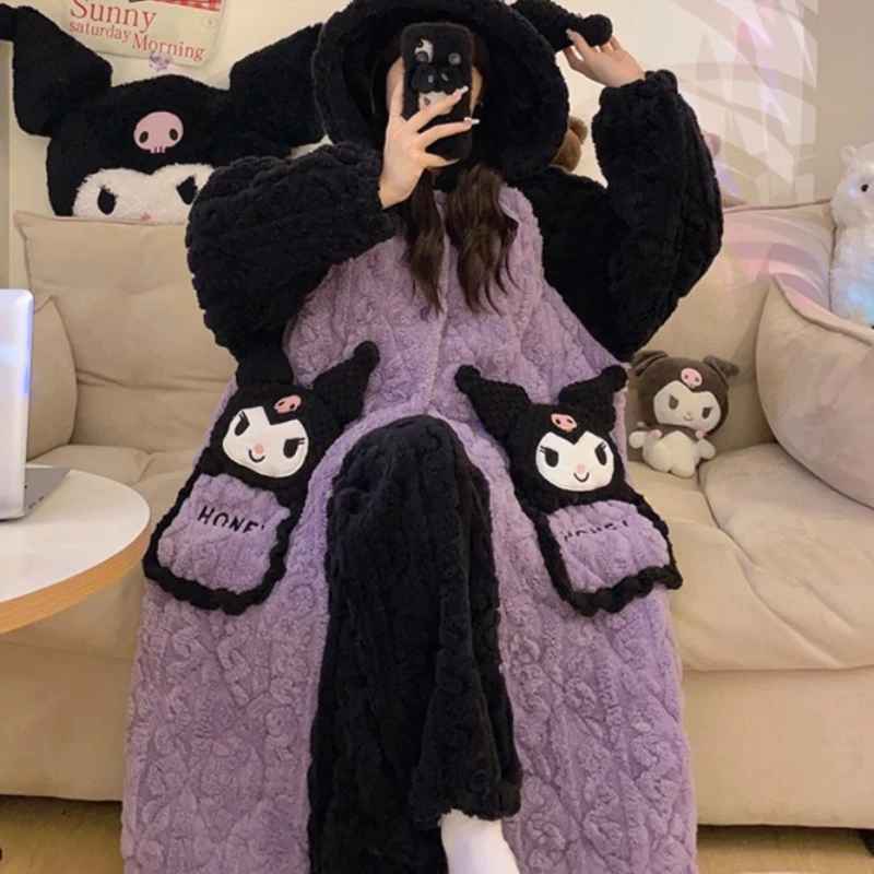 睡衣女秋冬季三层夹棉连帽睡袍长款加厚加绒保暖套装珊瑚绒家居服