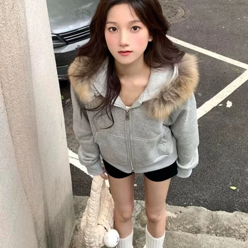 灰色卫衣外套女秋冬穿搭加绒加厚韩系连帽上衣收腰长袖男秋冬款