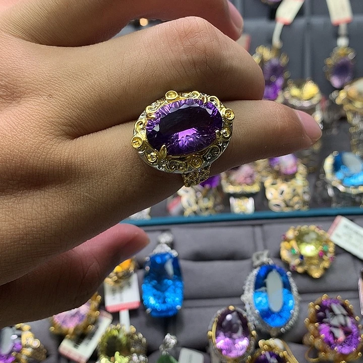 银S925镀金镶嵌戒指水晶