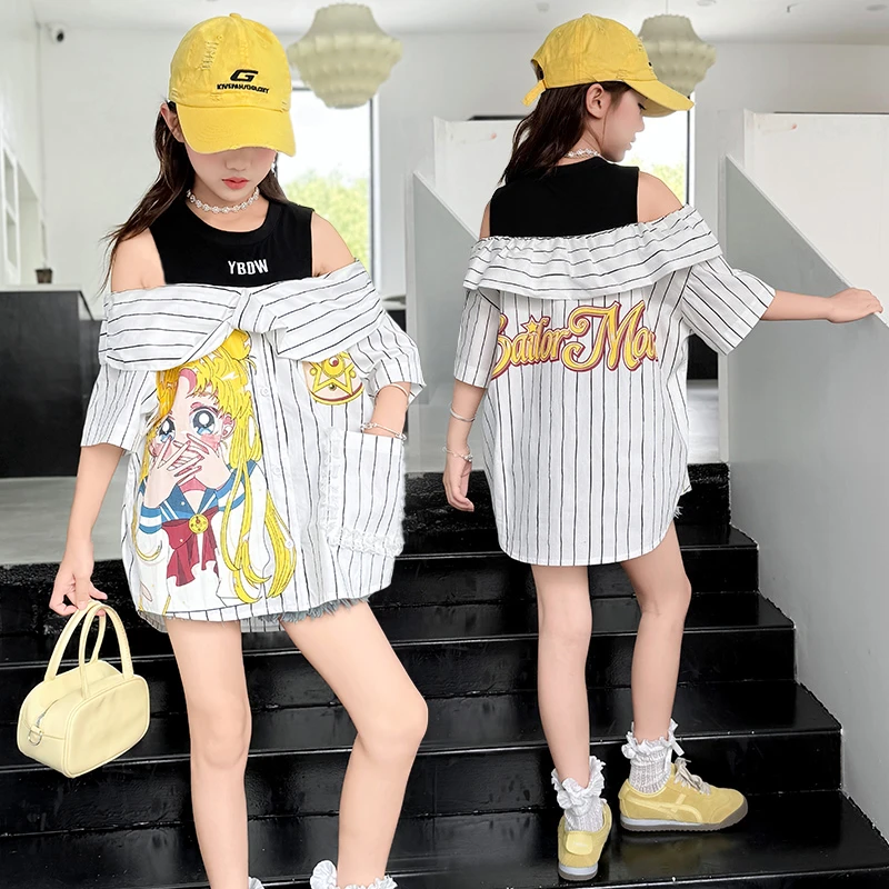 女童夏季条纹印花假两件印花衬衫6-12岁15中大童女孩洋气舒适衬衫