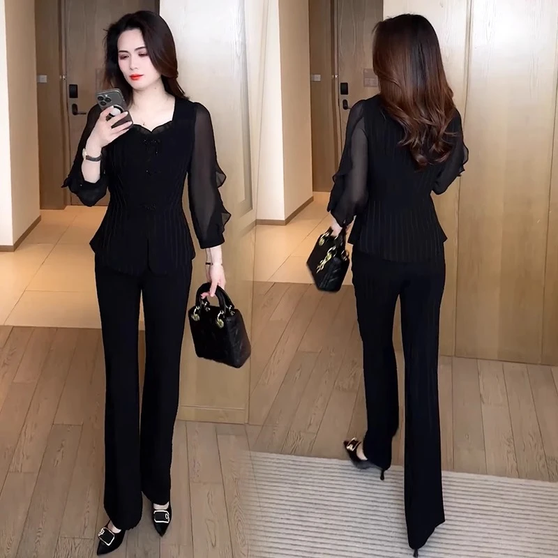 时尚小香风套装女2025春秋新款洋气修身显瘦网纱拼接直筒裤两件套