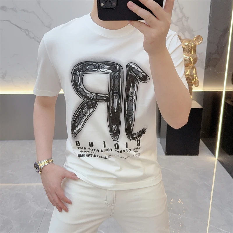 冰希轻奢.时尚高定设计师款男士印花短袖纯棉圆领T恤2025夏季新款