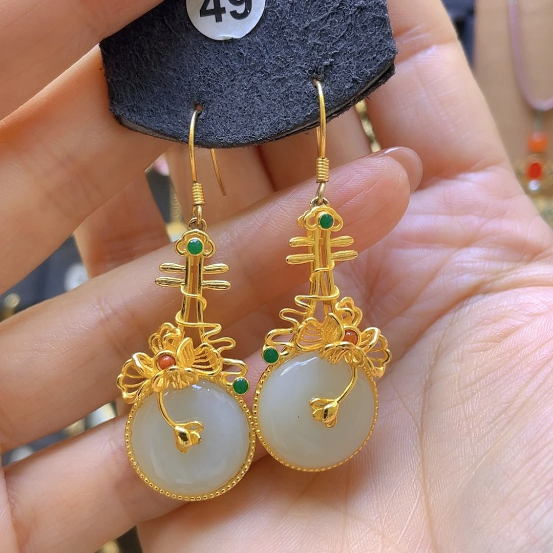 和田玉银S925镀金镶嵌耳饰