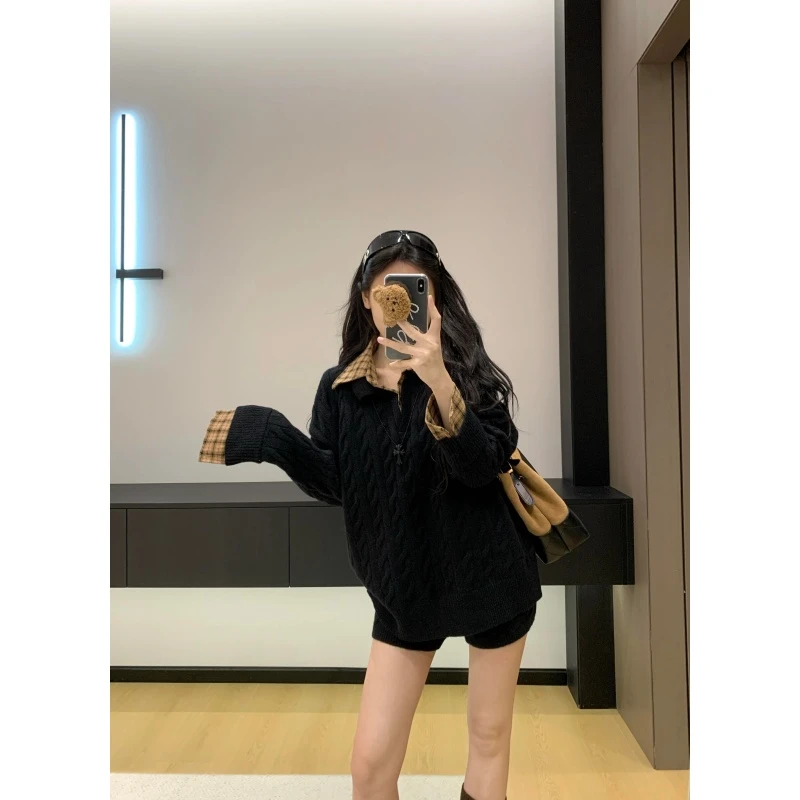 韩版慵懒风休闲Polo领显瘦长袖针织衫女秋冬高腰洋气百搭短裤套装